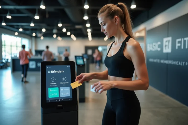 Femme scannant sa carte d'abonnement Basic Fit à l'entrée d'une salle de sport moderne