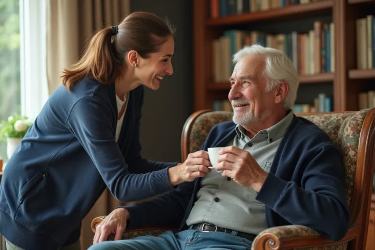 Une aide à domicile accompagne un senior dans son salon, illustrant les solutions d'assistance au quotidien pour les personnes âgées