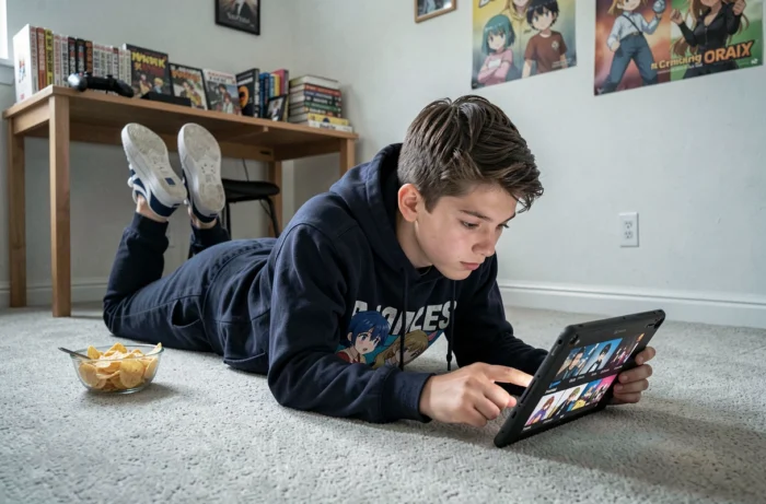 Adolescent regardant des animes en streaming sur une tablette allongé sur le sol de sa chambre