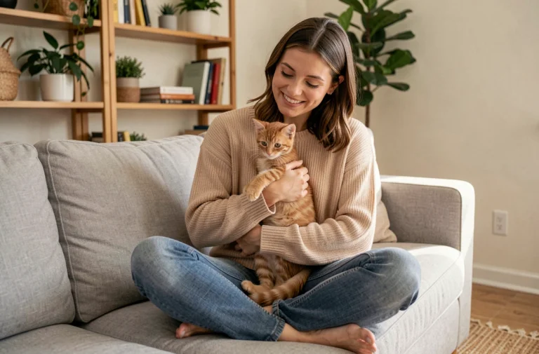 Femme tenant un chaton roux adopté dans un salon cosy, illustrant l'adoption d'animaux de compagnie