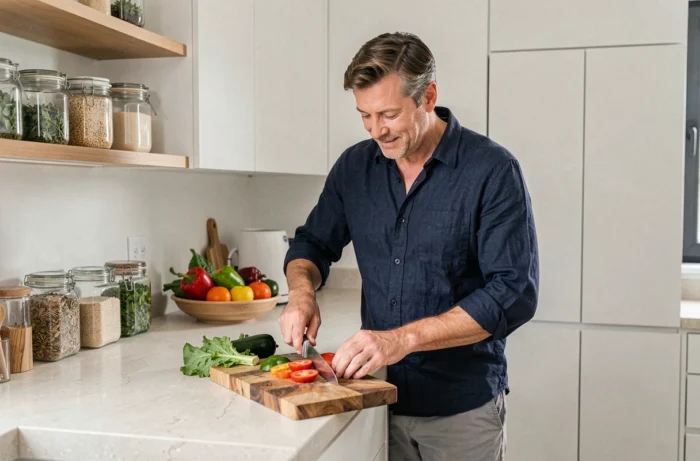 Homme préparant des légumes frais dans une cuisine moderne dans le cadre d'une alimentation saine pour le bien-être