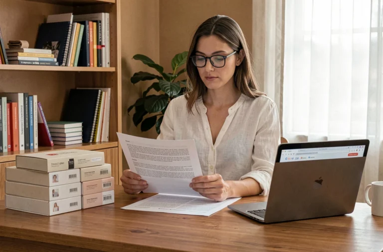 Femme analysant des avis clients de la boutique Lucie Roussel dans un bureau chaleureux