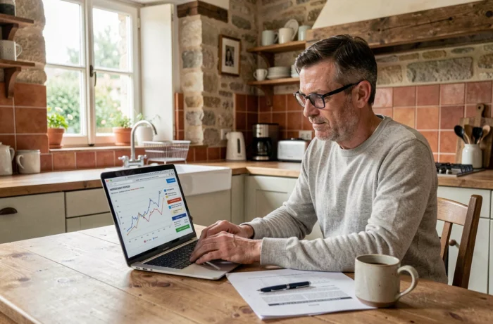 Homme analysant des données du marché immobilier français sur ordinateur dans une maison de campagne rénovée
