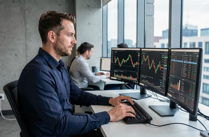 Analyste financier travaillant sur des graphiques de trading crypto et données blockchain dans un bureau fintech moderne