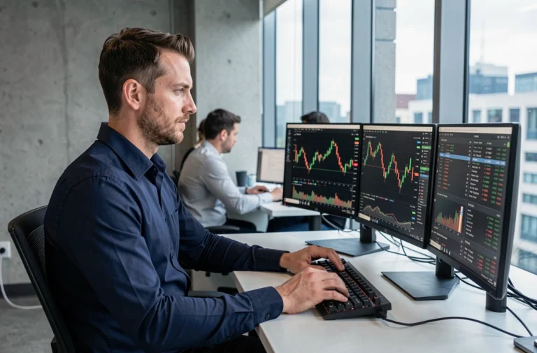 Analyste financier travaillant sur des graphiques de trading crypto et données blockchain dans un bureau fintech moderne