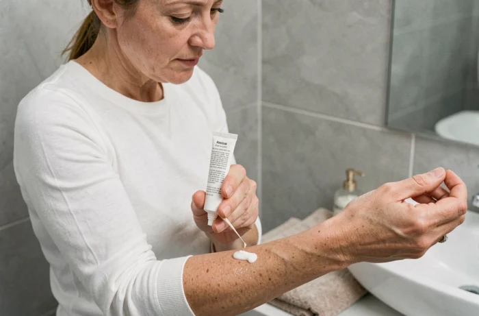 Femme appliquant une pommade dermatologique sur son avant-bras dans une salle de bain moderne et propre