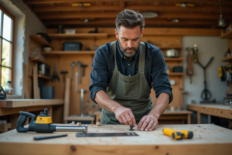 Artisan organisant des outils en K sur un établi en bois dans un atelier bien équipé