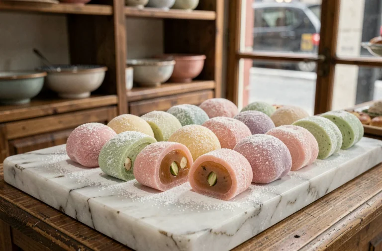 Assortiment de loukoums traditionnels aux couleurs pastels sur marbre blanc avec sucre glace et pistaches