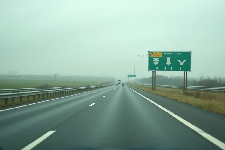 Autoroute française gratuite avec panneaux de signalisation et voies marquées, vue grand angle au niveau de la route