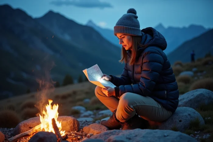 Femme consultant une carte topographique au bivouac en montagne avant de dormir à la belle étoile
