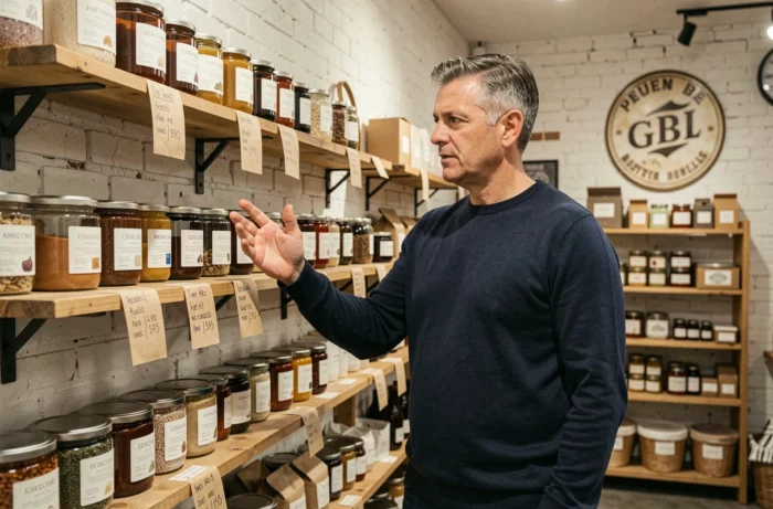Homme présentant les produits d'une boutique artisanale indépendante aux rayonnages en bois