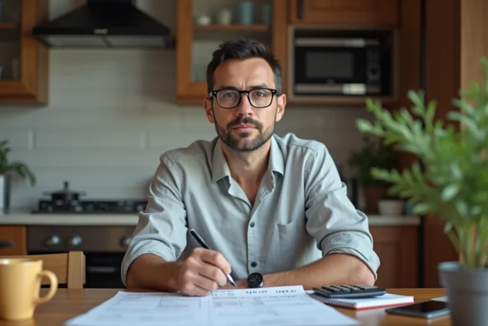 Homme travaillant dans le secteur médico-social calculant son salaire net à domicile avec une fiche de paie et une calculatrice selon la convention 66