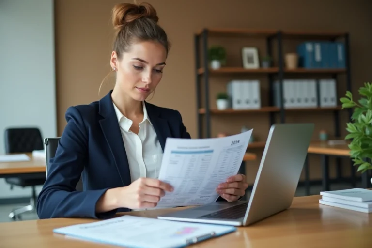 Professionnelle de la santé sociale calculant son salaire net selon la grille de la convention 66 sur un ordinateur portable au bureau