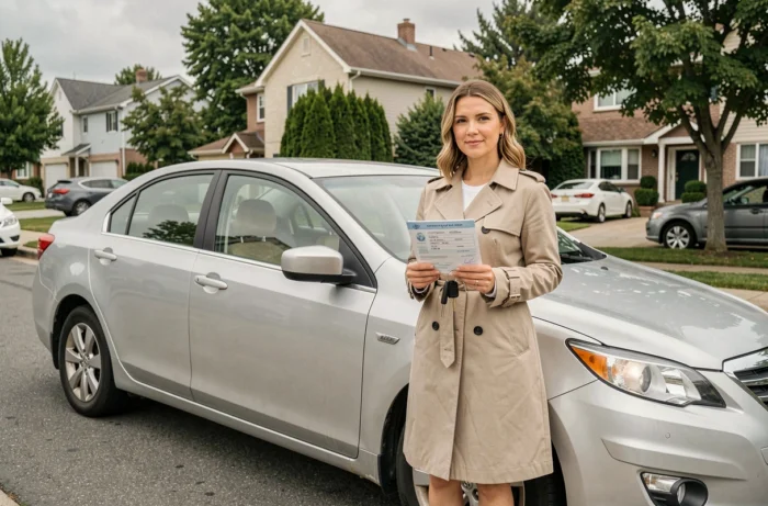 Femme tenant une carte grise et des clés de voiture lors d'une transaction de changement de propriétaire