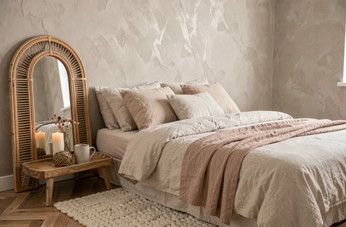 Chambre à coucher décorée avec un lit en lin, un miroir en rotin arrondi, une bougie pilier et un plateau en bois aux accessoires minimalistes