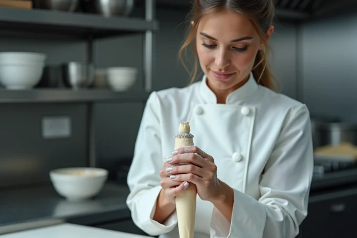 Cheffe pâtissière ajustant une douille étoile dans une poche à douille en cuisine professionnelle