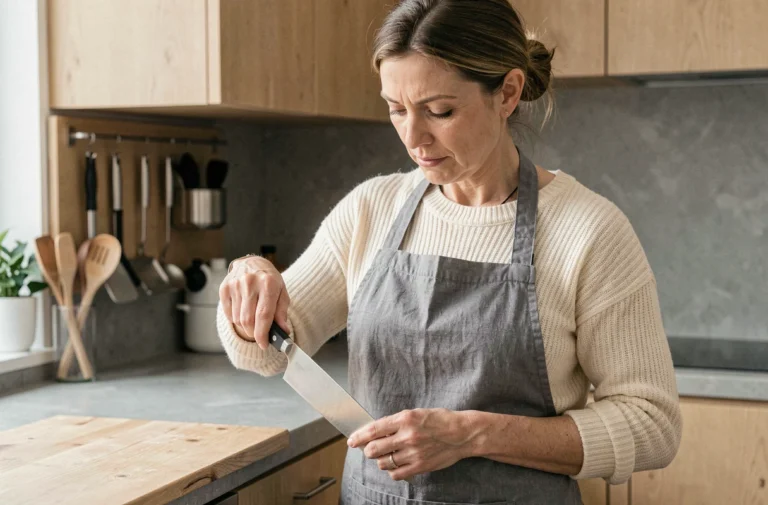 Femme choisissant un couteau de chef de qualité dans une cuisine moderne en bois clair