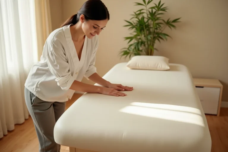 Femme examinant le rembourrage d'une table de massage professionnelle dans une pièce bien-être à domicile