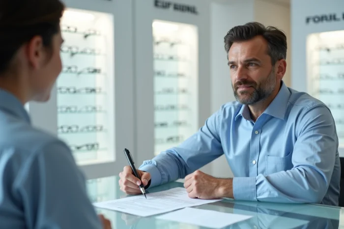 Client en opticien discutant du remboursement mutuelle pour verres Zeiss avec un document d'assurance