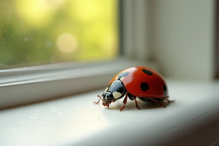 Coccinelle rouge posée sur le rebord d'une fenêtre intérieure avec vue sur un jardin flou en arrière-plan