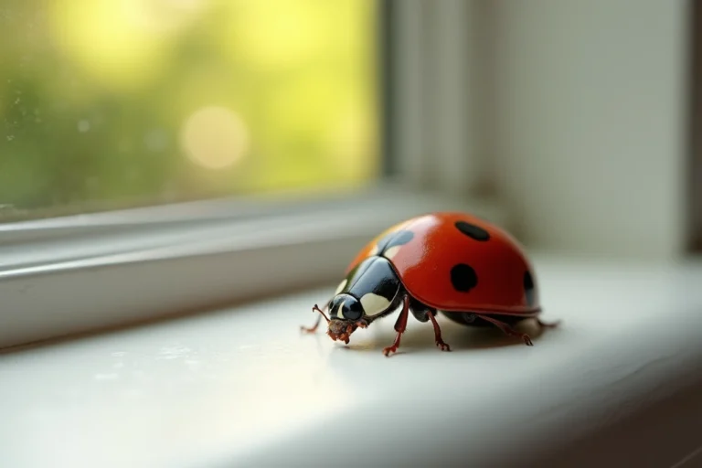 Coccinelle rouge posée sur le rebord d'une fenêtre intérieure avec vue sur un jardin flou en arrière-plan