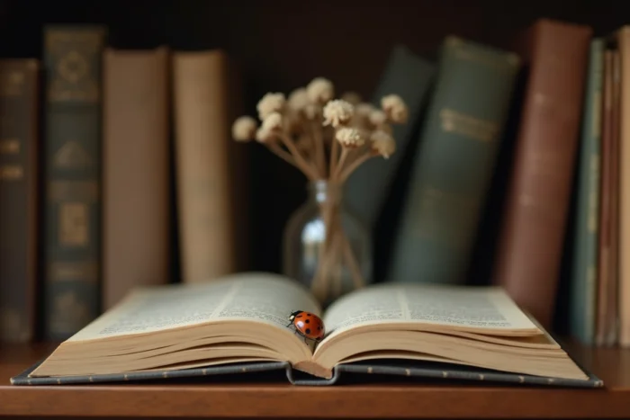 Coccinelle posée sur un livre ouvert dans une bibliothèque domestique évoquant la symbolique spirituelle et la chance