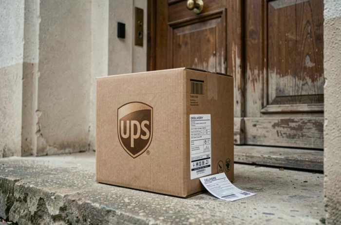 Colis UPS abandonné devant la porte d'un appartement avec un avis de passage, symbolisant un retard ou une absence lors de la livraison