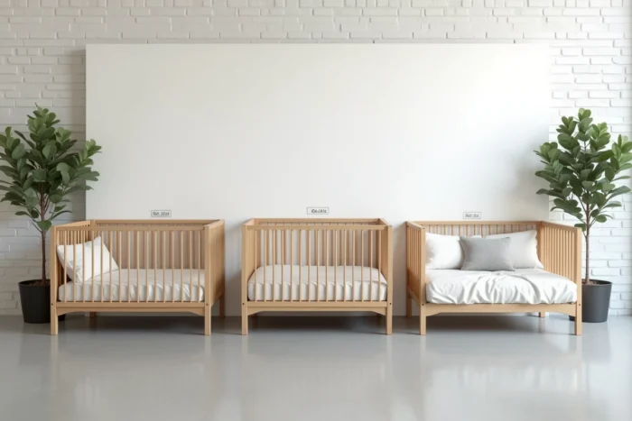 Comparaison de trois tailles de lits pour bébé côte à côte dans un showroom de puériculture minimaliste