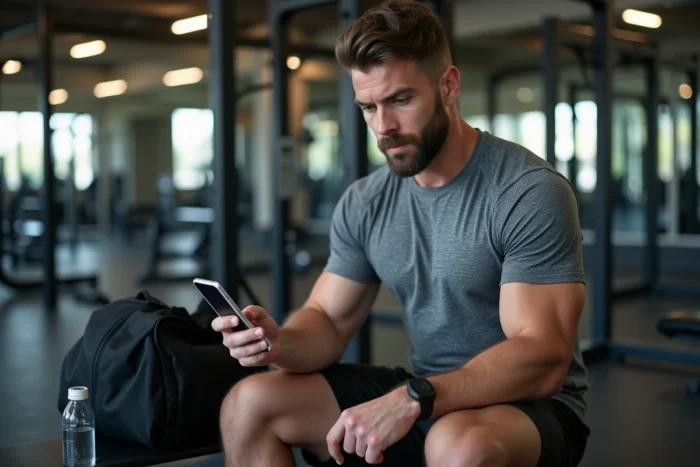 Homme comparant les abonnements Basic Fit Premium et Basic sur son téléphone en salle de sport