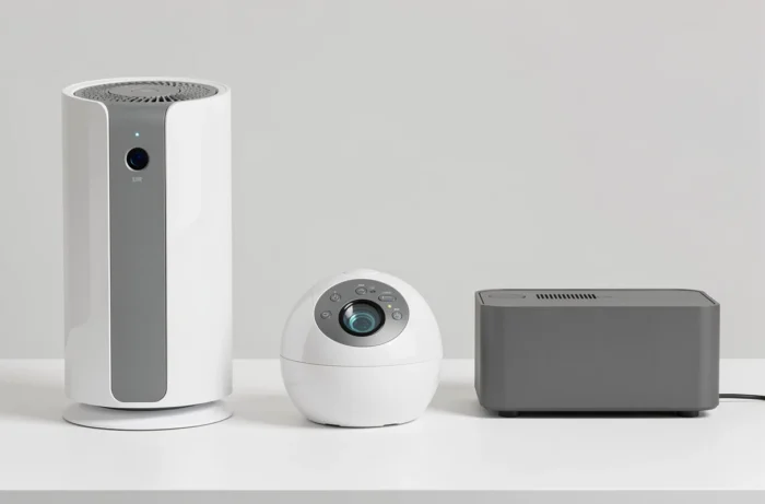 Comparatif de trois modèles d'ionisateurs d'air pour appartement sur fond blanc