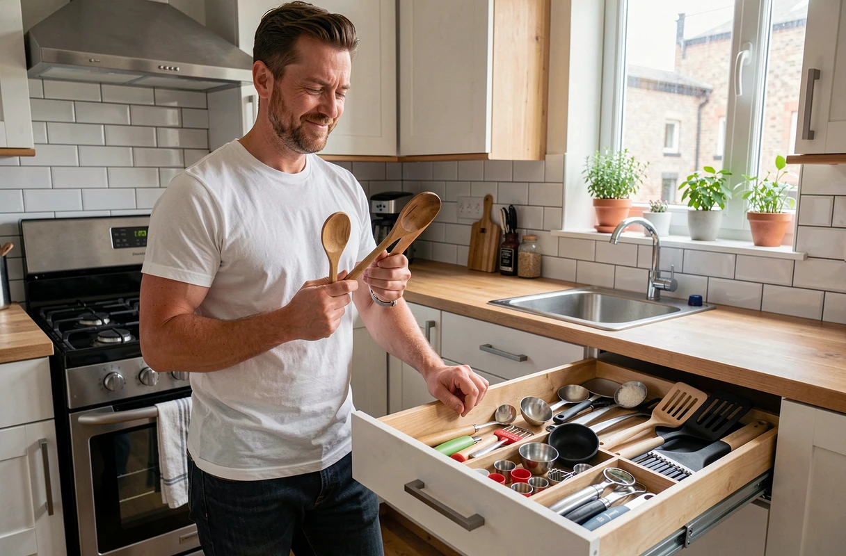 Homme comparant des ustensiles de cuisine en bois dans un appartement urbain moderne