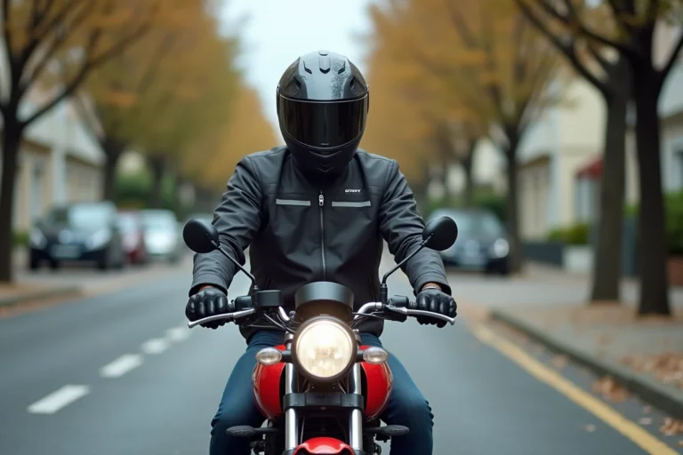 Homme portant un casque intégral et une veste moto, assis sur une moto 125 cm3 rouge sur une route suburbaine en France
