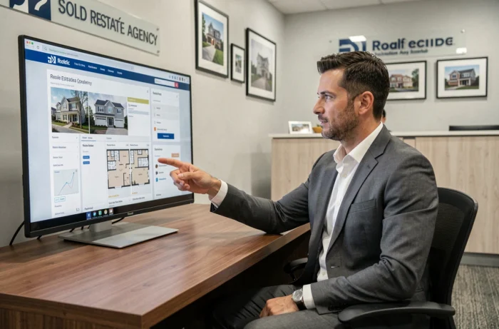 Consultant immobilier présentant un site web de services immobiliers sur un écran dans une agence