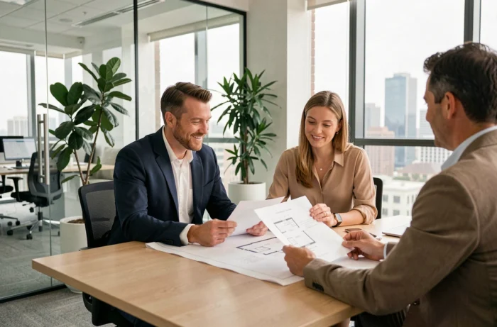 Couple consultant un agent immobilier autour de plans et documents dans une agence moderne
