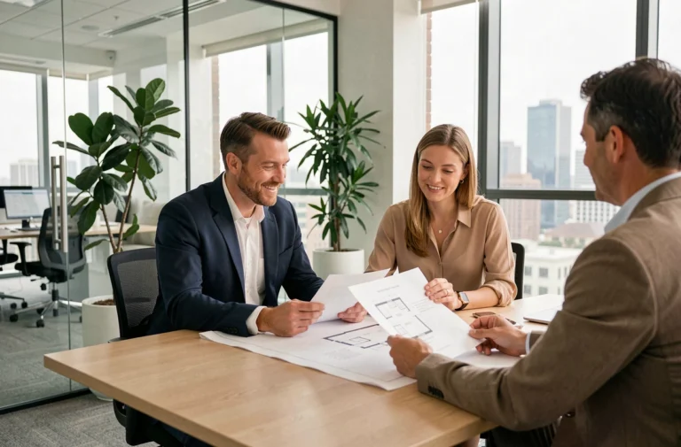 Couple consultant un agent immobilier autour de plans et documents dans une agence moderne