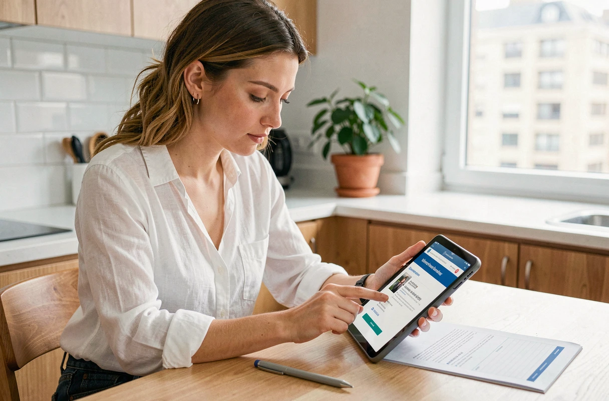 Jeune femme consultant les démarches CAF en ligne sur tablette pour une formation professionnelle