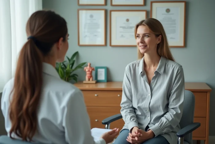 Patiente discutant avec sa médecin des effets secondaires d'Acthéane sur le poids lors d'une consultation