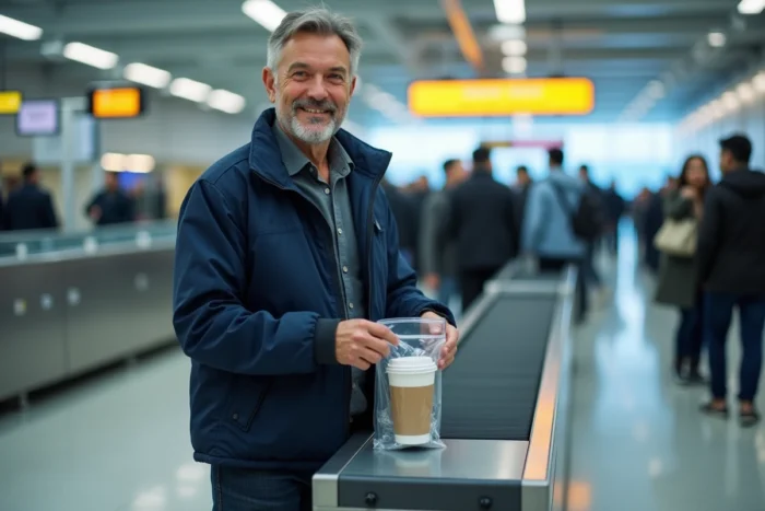 Passager masculin posant un bol en céramique dans un bac de sécurité à l'aéroport avant un vol Air France en bagage cabine