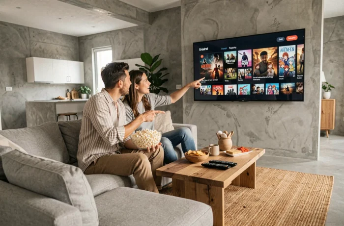 Couple choisissant une série ou un anime à regarder en streaming sur leur télévision connectée