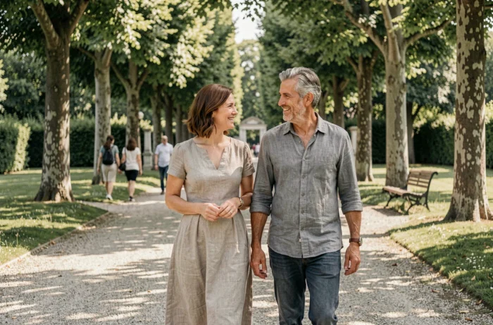 Couple élégant se promenant dans un jardin public français, illustrant la vie de couple discrète et complice d'une personnalité médiatique