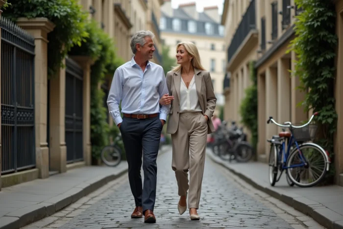 Couple élégant se promenant sur un pavé parisien, évoquant la vie conjugale et la vie privée d'une personnalité médiatique
