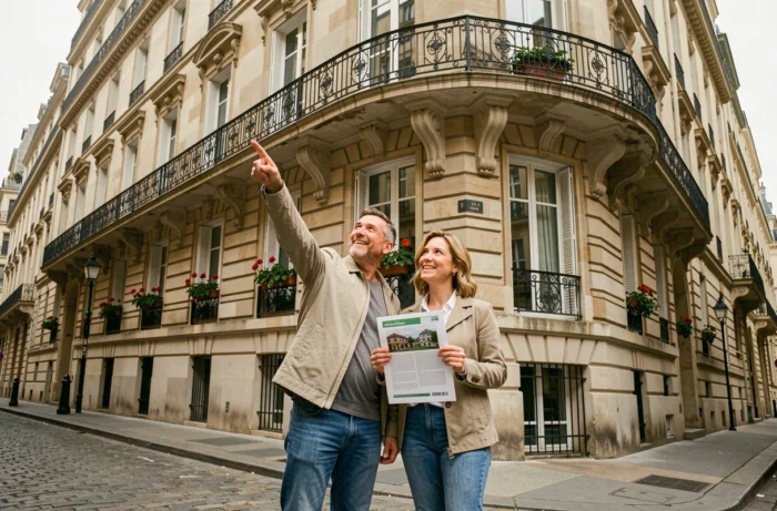 Couple visitant un immeuble haussmannien à Paris dans le cadre d'un projet d'investissement immobilier