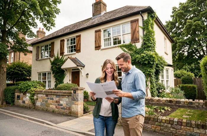 Couple examinant des documents immobiliers devant une maison pavillonnaire à vendre