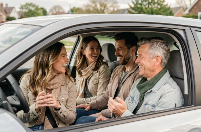 Groupe de personnes adultes pratiquant le covoiturage solidaire dans une voiture compacte moderne, souriant et discutant ensemble lors d'un trajet partagé responsable