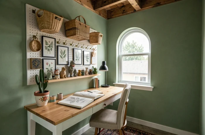 Bureau créatif à domicile avec pegboard décoratif, objets artisanaux et plantes pour une décoration de maison originale et inspirante