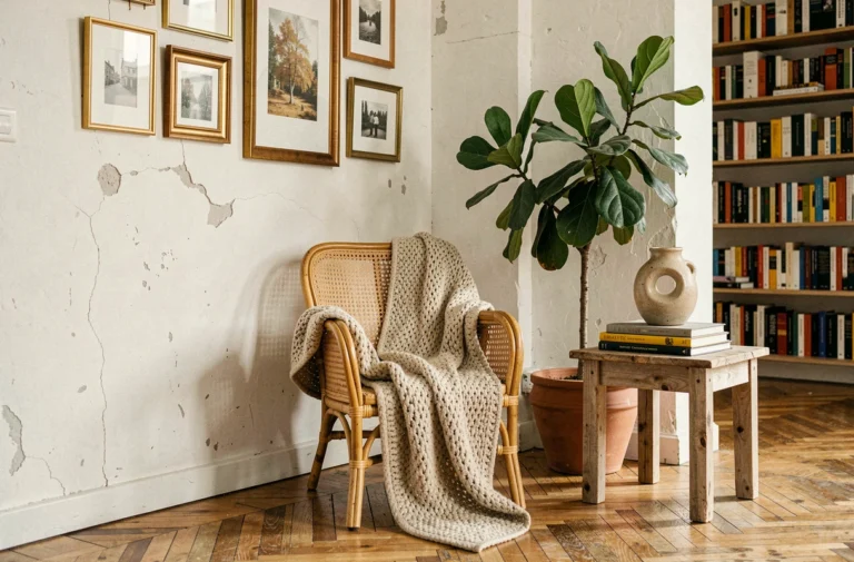 Coin salon bohème avec fauteuil en rotin, mur de cadres vintage et plante tropicale dans un appartement à la décoration originale et personnalisée