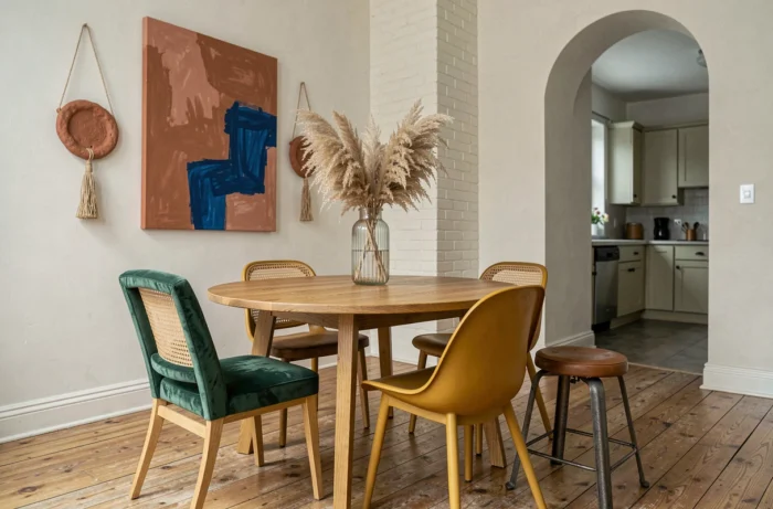 Salle à manger originale avec chaises dépareillées, tableau abstrait et objets décoratifs artisanaux pour une maison pleine de caractère