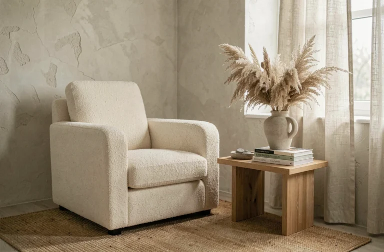 Salon scandinave décoré avec un fauteuil boucle crème, une table en chêne et un vase en céramique avec herbes de la pampa séchées