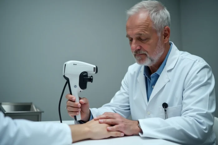 Dermatologue examinant une petite tache noire sur la main d'un patient à l'aide d'un dermatoscope en cabinet médical