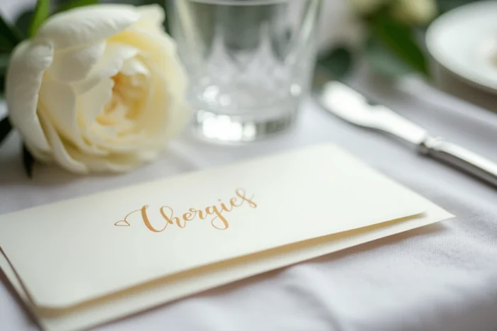 Détail d'une table de mariage haut de gamme avec enveloppe cachetée et carte calligraphiée, symbole d'un événement privé et confidentiel